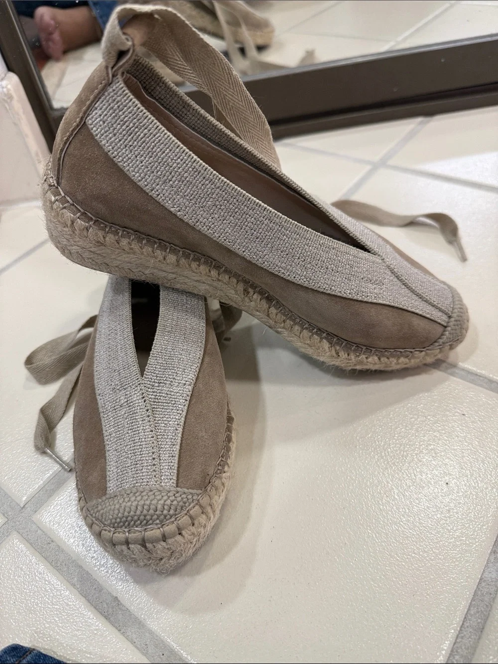 Suede Wrap Espadrille Flats in Taupe